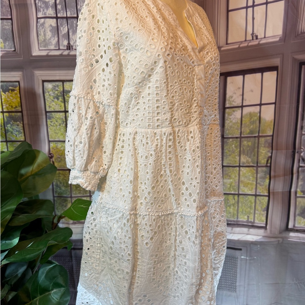 Chico’s White Eyelet Tiered V Neck Dress 12 Cottagecore Cotton Summer Spring - Picture 5 of 17